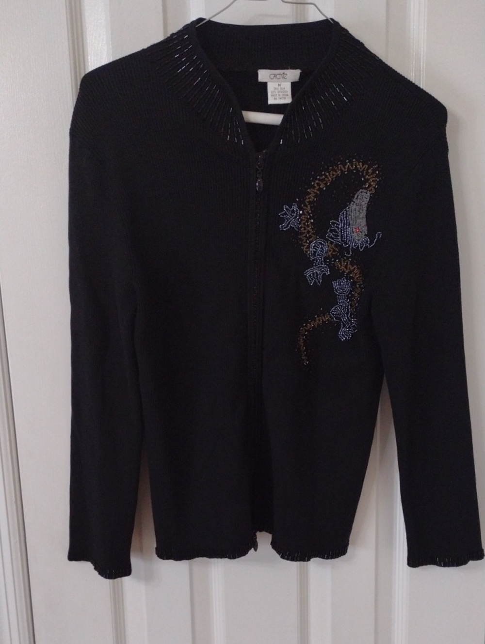 Cache Black Ribbed Silk-Blend Zipper Top with Beaded Trim